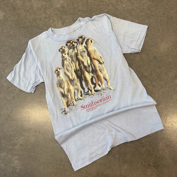 Vintage 1987 80's SS Smithsonian Meerkat Short Sleeve Graphic Tee Grey/Blue S/M - Picture 1 of 7